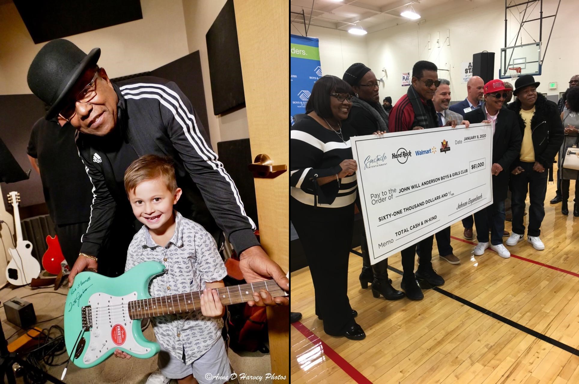 Tito Jackson with a young guitarist and Music Giving Hope supporters presenting a community donation check